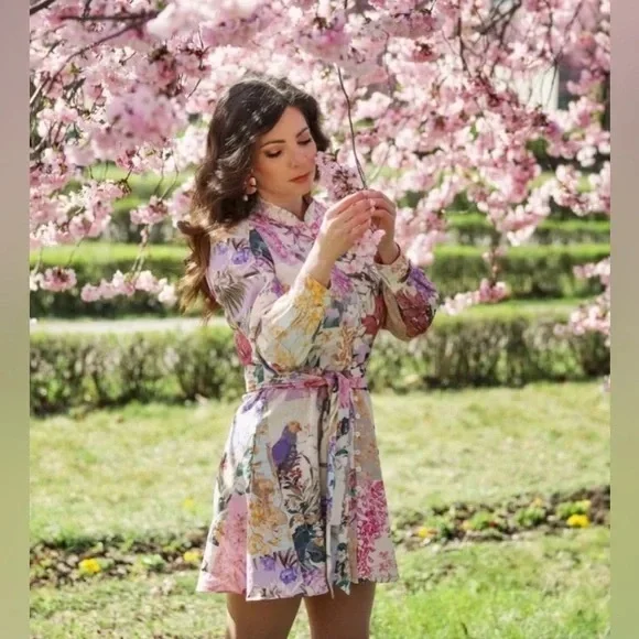 Zara Floral Parrot Button Up Belted Mini Linen Dress XS blogger fav - Picture 4 of 12